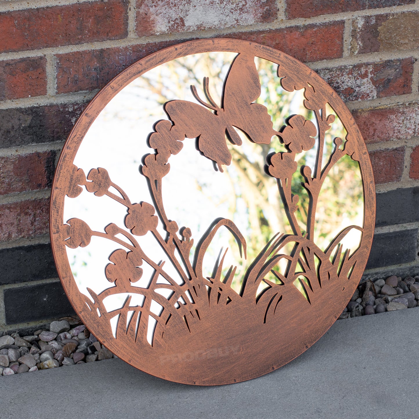 Butterfly Silhouette Garden Mirror 50cm Large Round Bronze