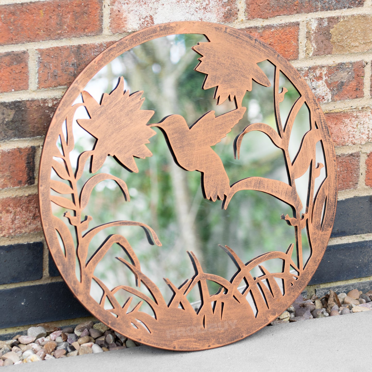 Hummingbird Silhouette Garden Mirror 50cm Large Round Bronze