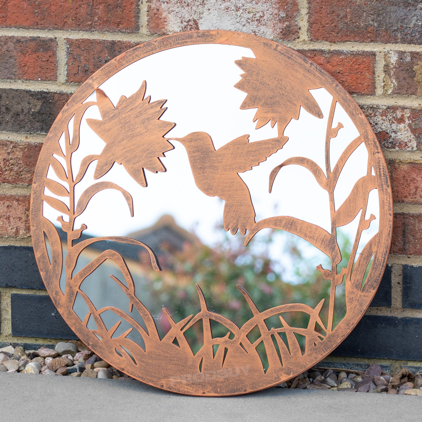 Hummingbird Silhouette Garden Mirror 50cm Large Round Bronze