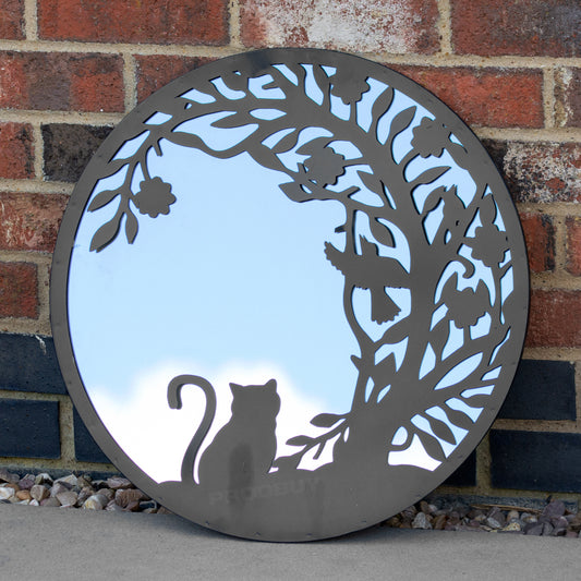 Black Cat & Bird Silhouette 50cm Garden Mirror