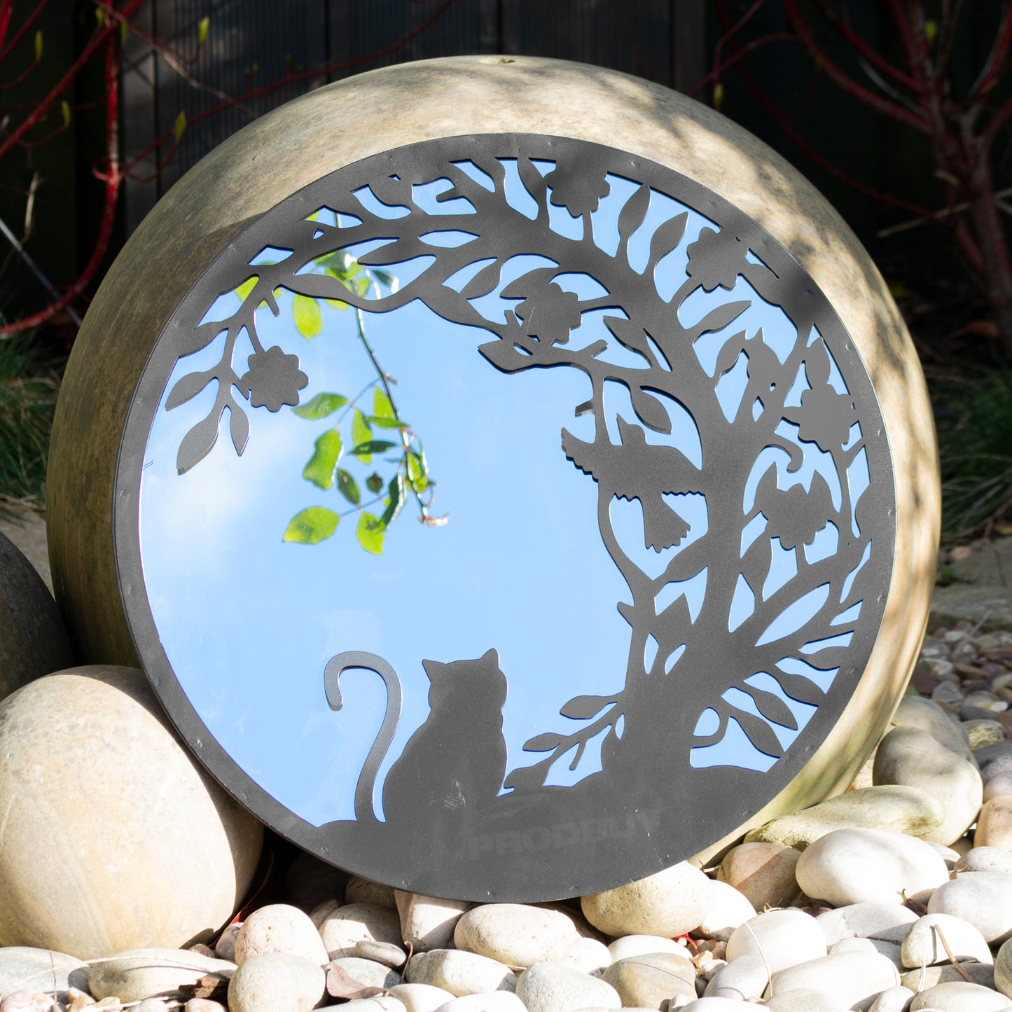 Black Cat & Bird Silhouette 50cm Garden Mirror