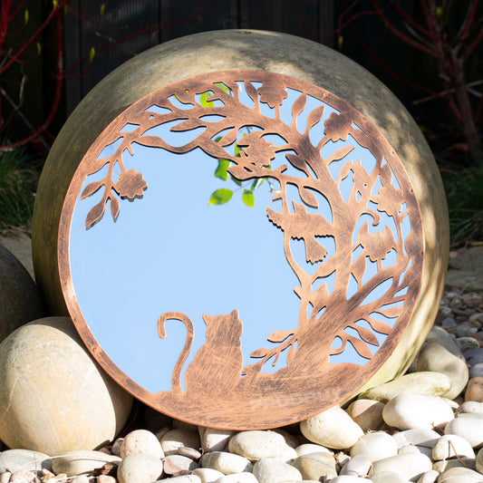 Cat & Bird Silhouette Garden Mirror 50cm Large Round Bronze