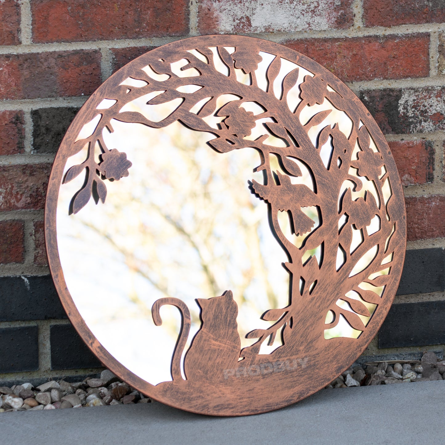 Cat & Bird Silhouette Garden Mirror 50cm Large Round Bronze