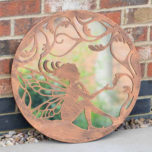 Fairy Silhouette Garden Mirror 50cm Large Round Bronze