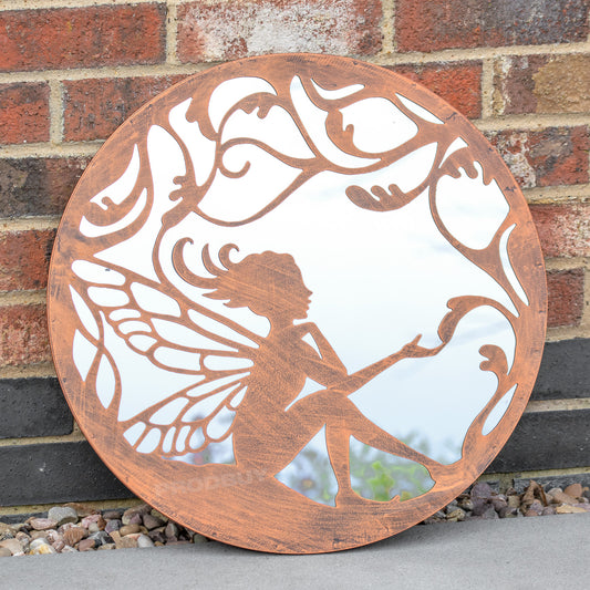 Fairy Silhouette Garden Mirror 50cm Large Round Bronze