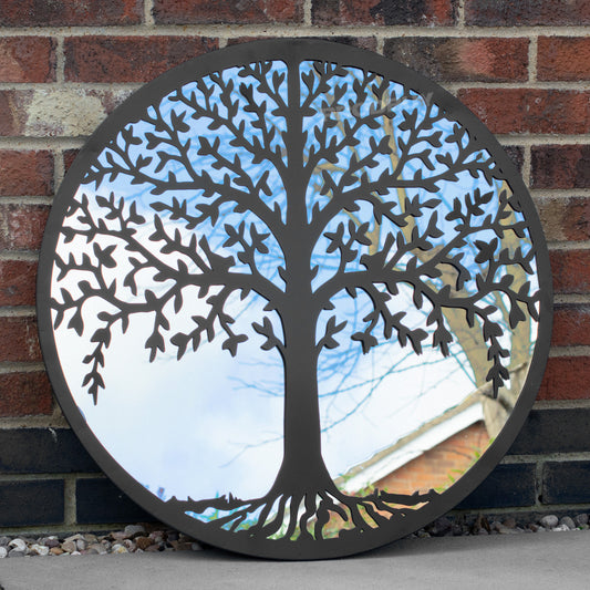 Tree of Life Black Silhouette Garden Mirror 70cm Large Round