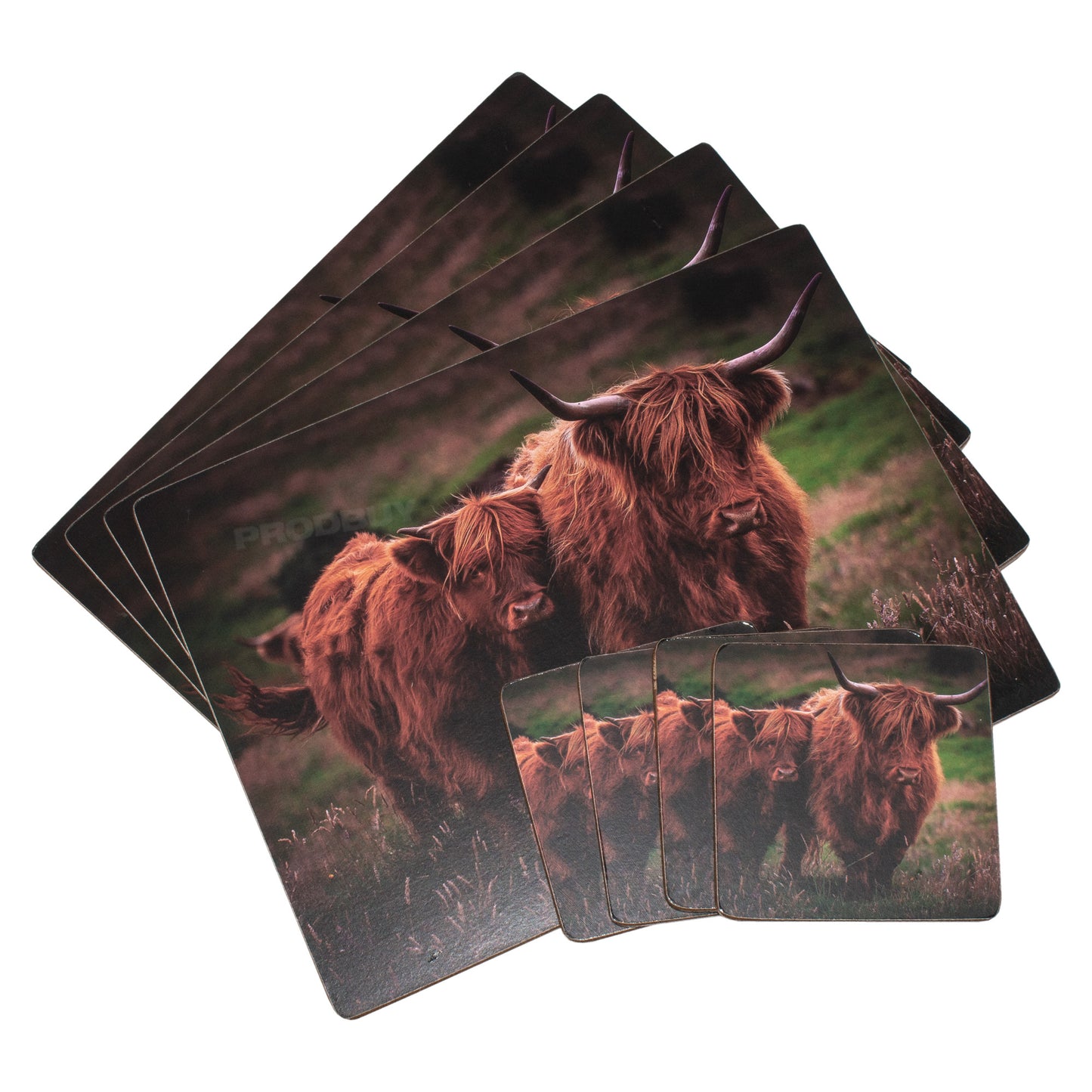 Set of 4 Placemats & 4 Coasters with Highland Cows