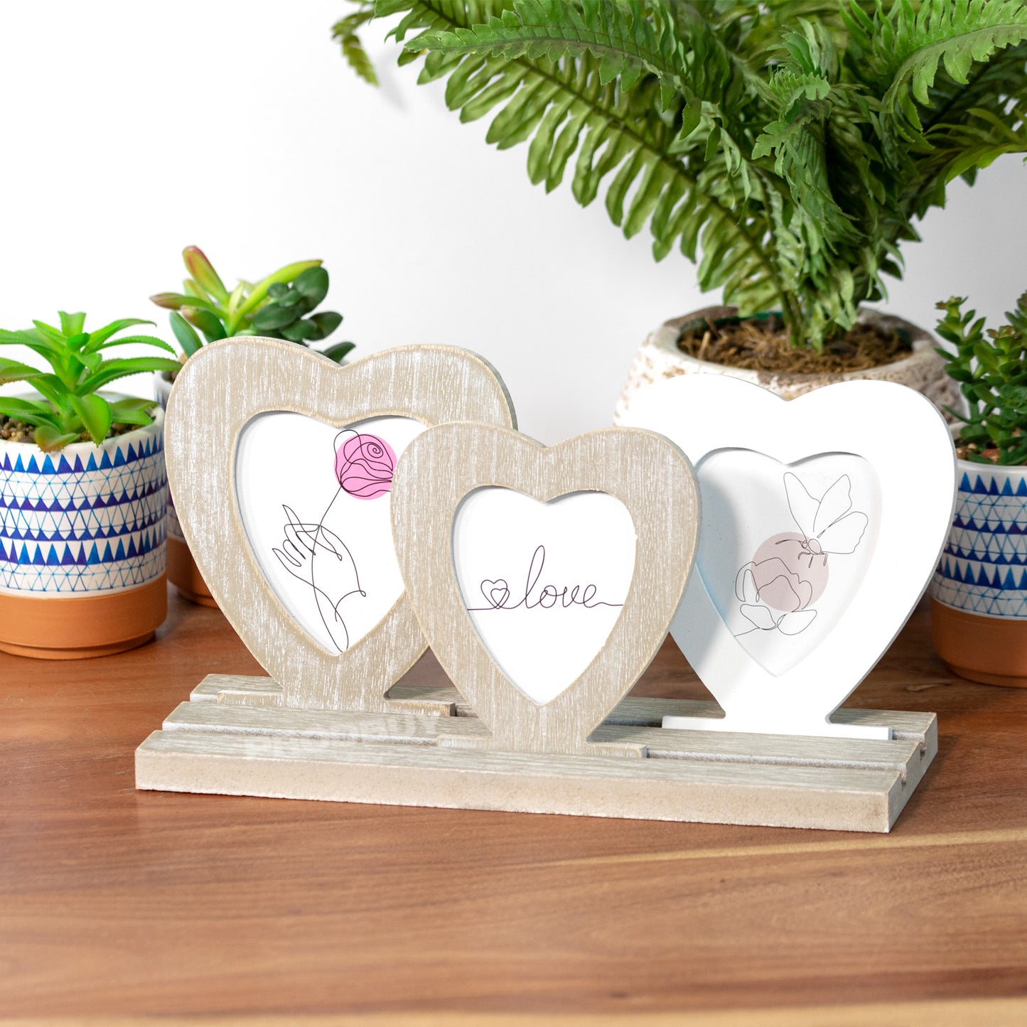 Triple Heart Standing Photo Wooden Multi Picture Frame