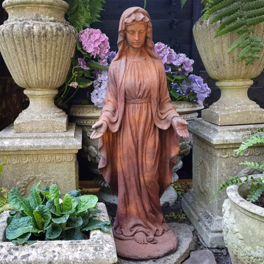 Virgin Mary Garden Statue Fibre Clay Antique Rusted Iron Appearance Blessed Mother