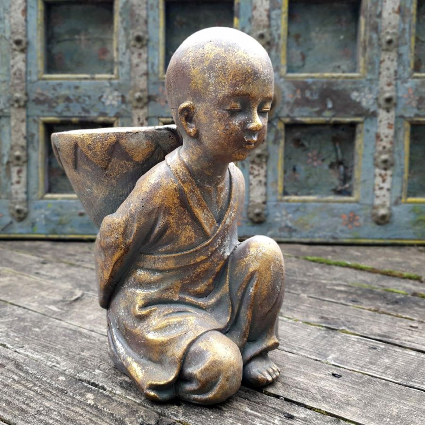 Monk with Pot Statue Aged Antique Gold Appearance Unique Plant Stand