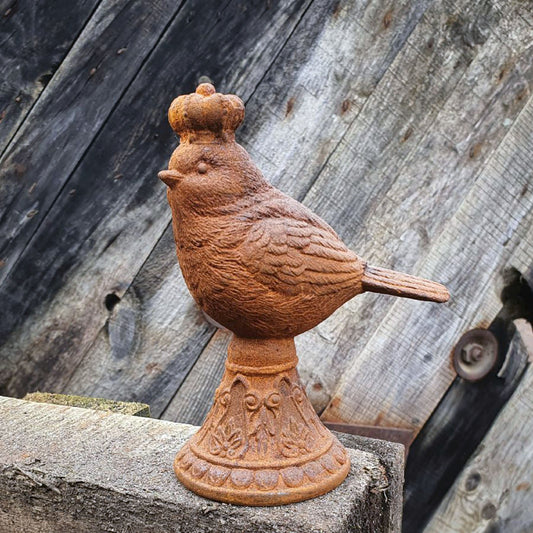Rusty Cast Iron Bird with Crown Garden Ornament