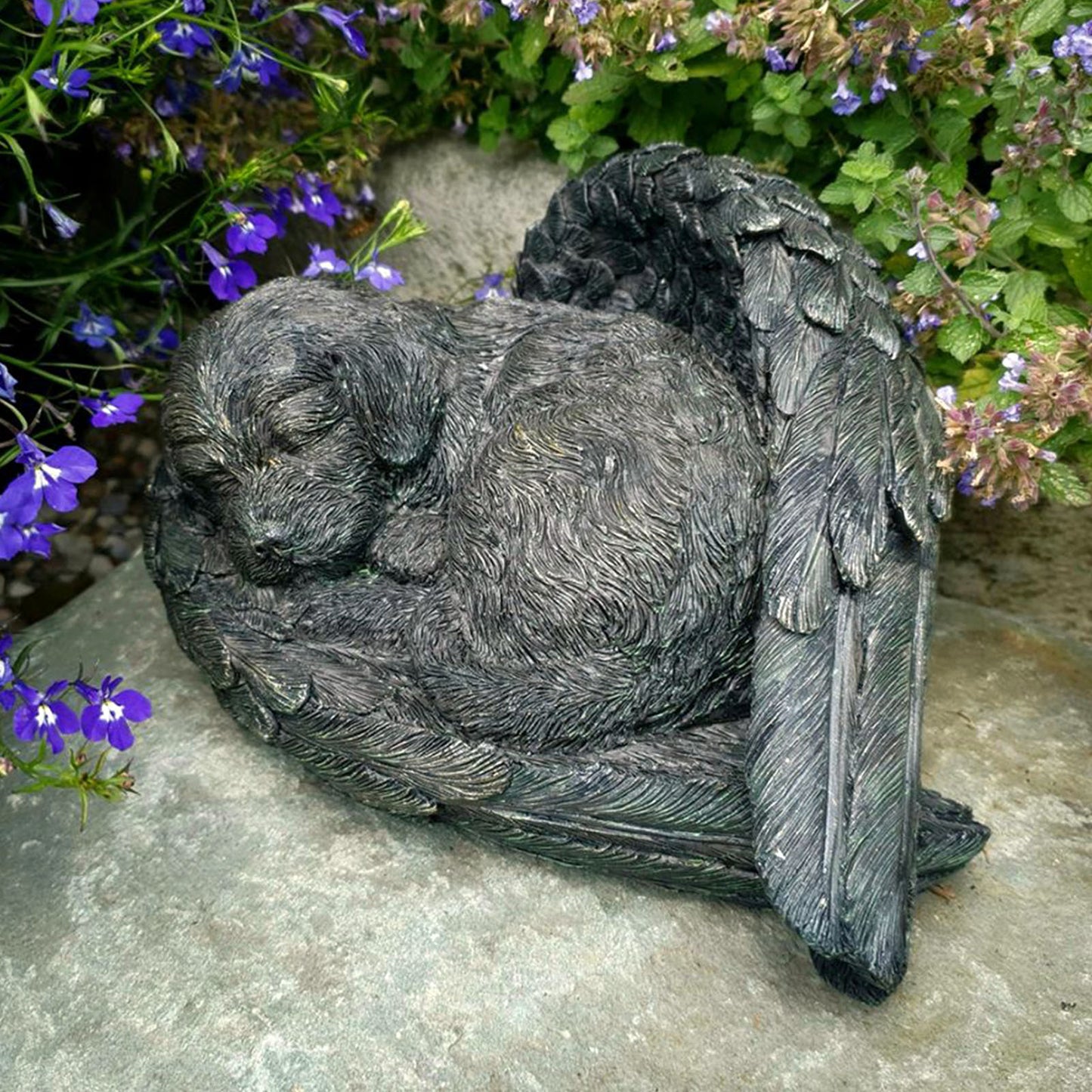 Sleeping Dog on Angel Wings Memorial Statue Garden Ornament 25cm