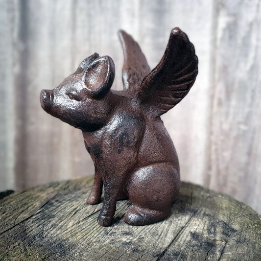 Small Flying Winged Pig Ornament Cast Iron Sculpture Shelf Sitter