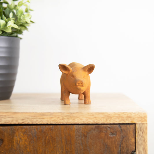 Cute Mini Pig Sculpture Rust Finish Small Shelf Sitting Ornament