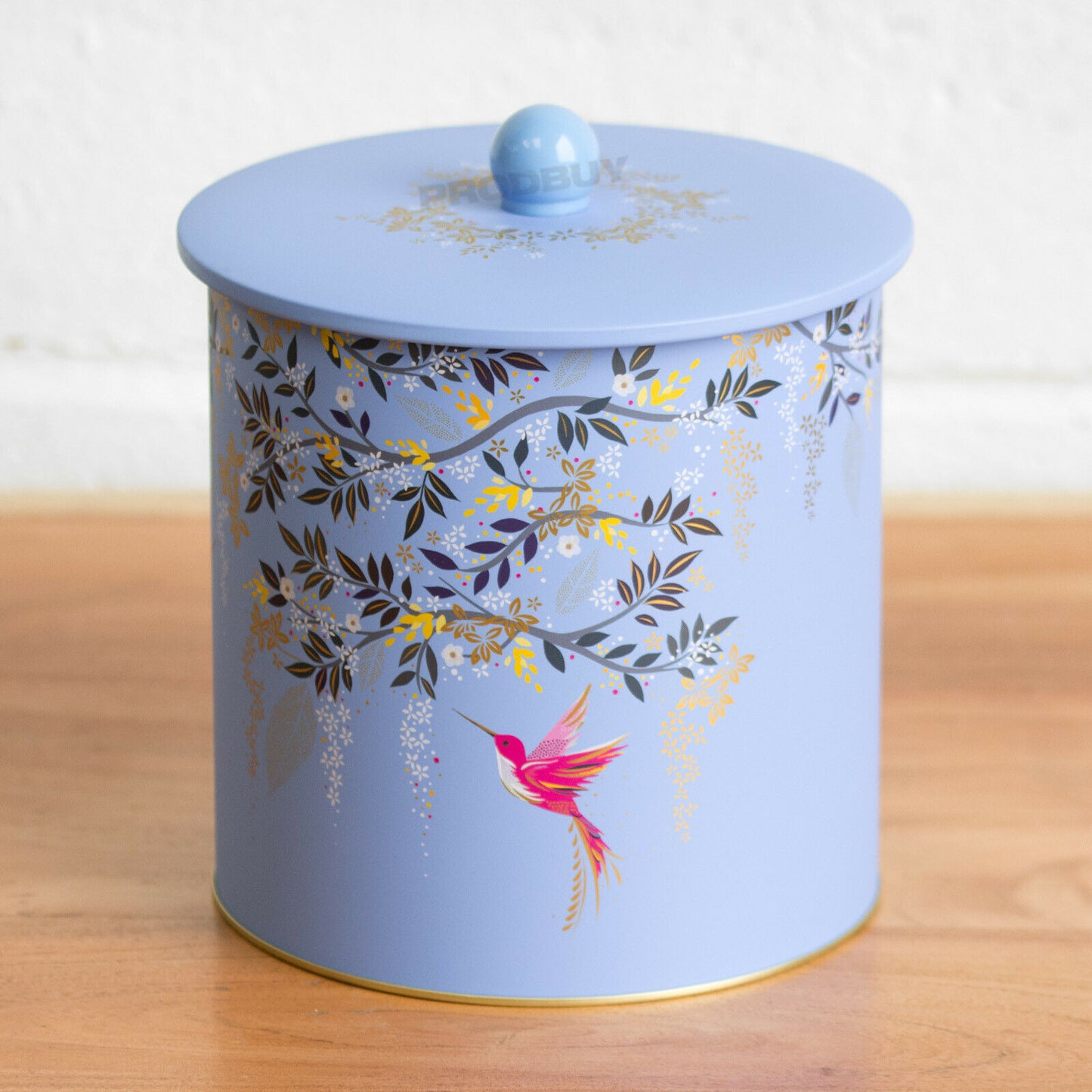 Blue Floral Bird Biscuit Barrel Cookie Container Tin