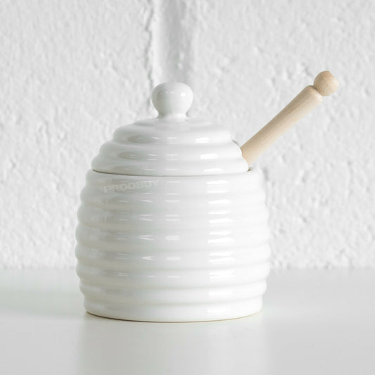 White Porcelain Honey Pot with Wooden Dipper
