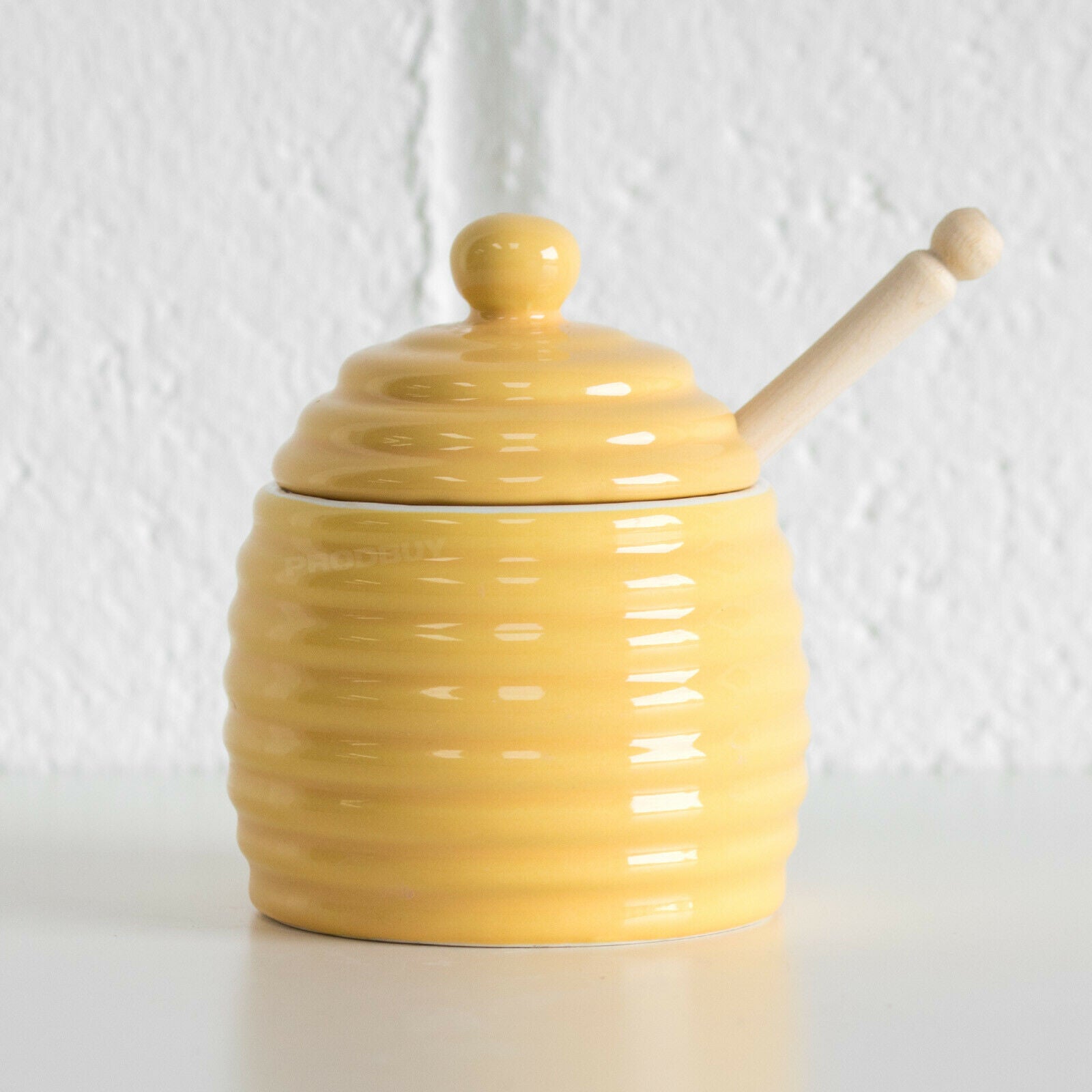 Yellow Porcelain Honey Pot with Wooden Dipper Robert David Home