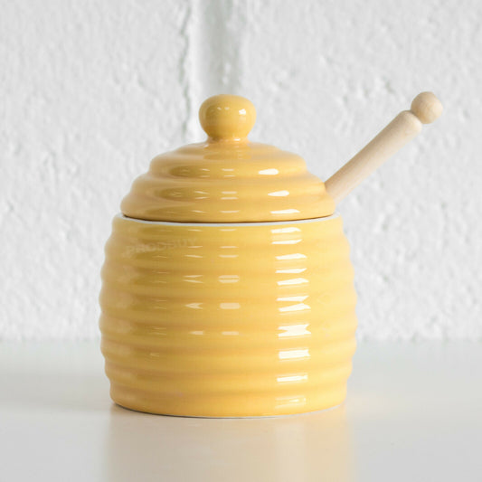 Yellow Porcelain Honey Pot with Wooden Dipper
