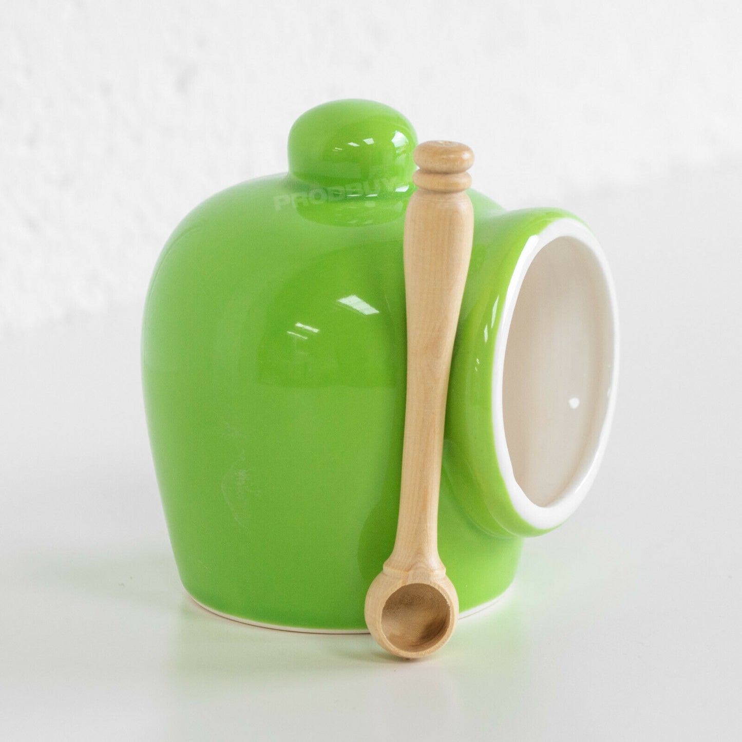 Small Green Salt Pig with Wooden Spoon