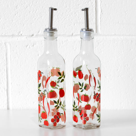 Set of 2 Chilli Tomatoes Glass Oil Drizzler Bottles