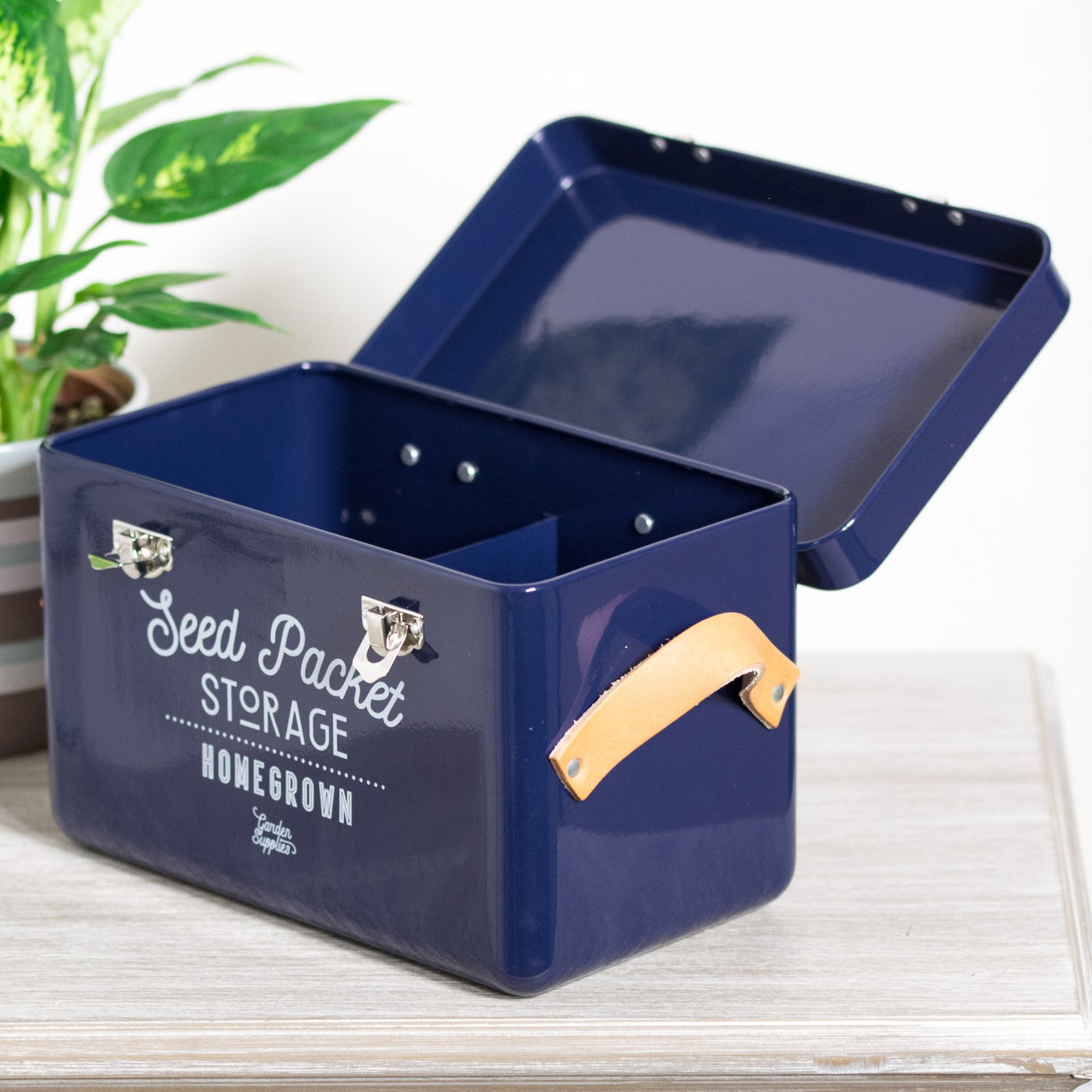 Vintage Blue Enamel 3 Compartment Seed Packet Shed Organiser Storage Tin Box