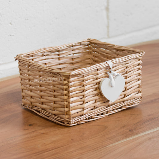 2 x Small Woven Wicker Storage Baskets with Hanging Heart Decorations