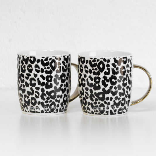 Set of 2 x 300ml Leopard Print Gold Handles New Bone China Barrel Mugs