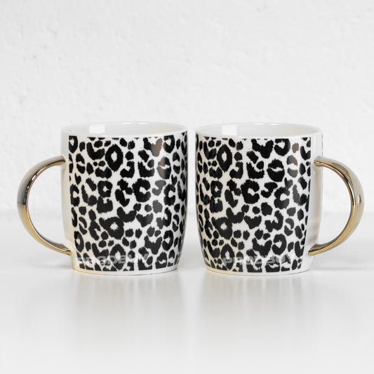 Set of 2 x 300ml Leopard Print Gold Handles New Bone China Barrel Mugs