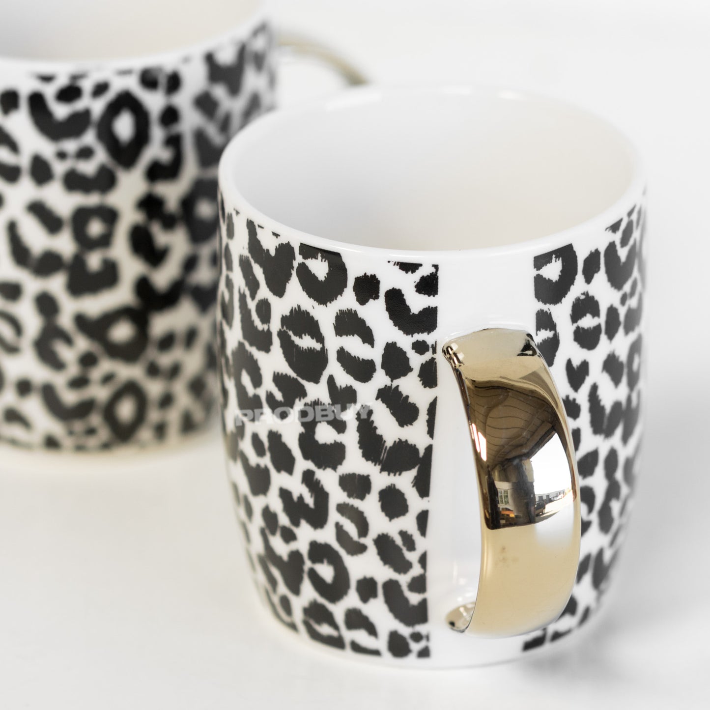 Set of 2 x 300ml Leopard Print Gold Handles New Bone China Barrel Mugs
