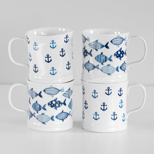 Set of 4 White & Blue Nautical Coffee Mugs