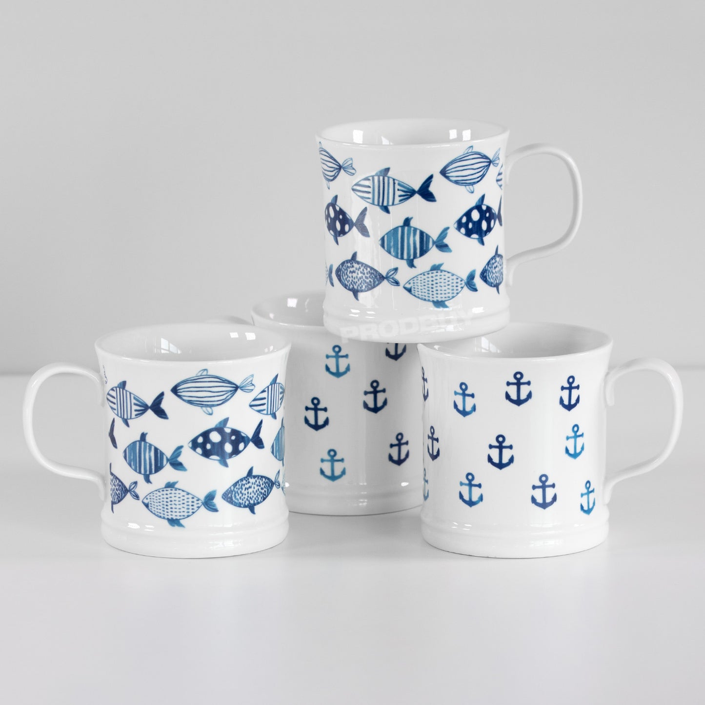 Set of 4 White & Blue Nautical Coffee Mugs