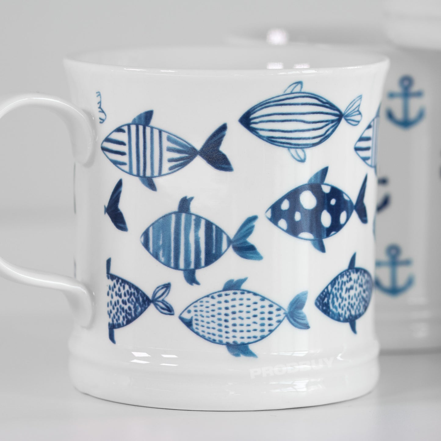 Set of 4 White & Blue Nautical Coffee Mugs