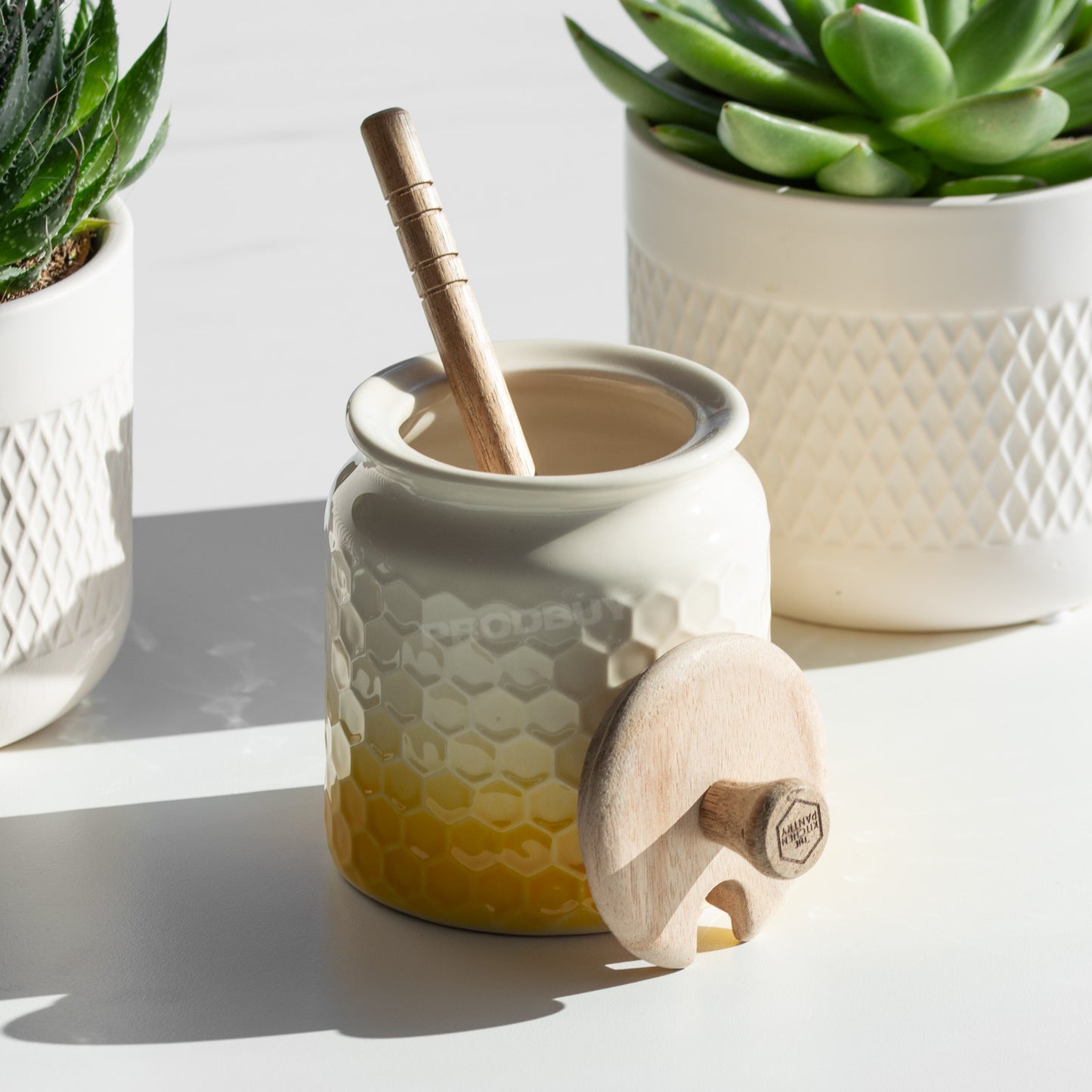 Honeycomb Honey Pot with Wooden Lid and Dipper