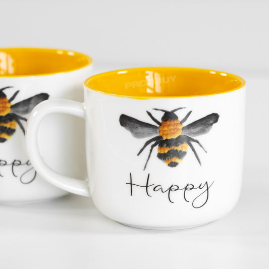 Set of 2 White & Yellow Bee Happy Mugs