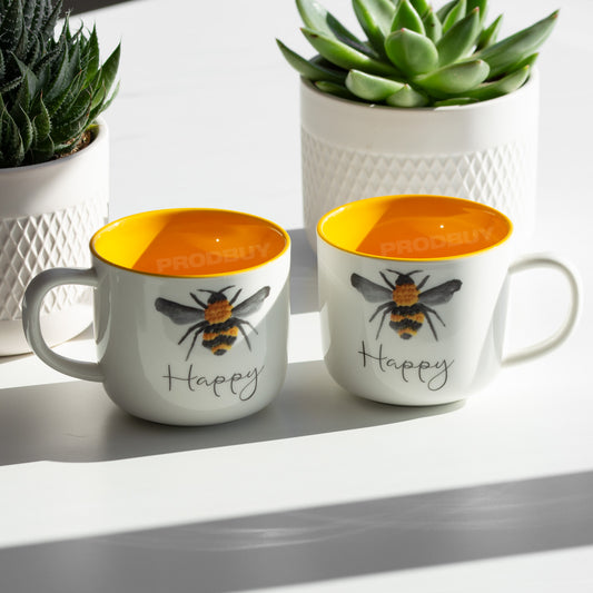 Set of 2 White & Yellow Bee Happy Mugs