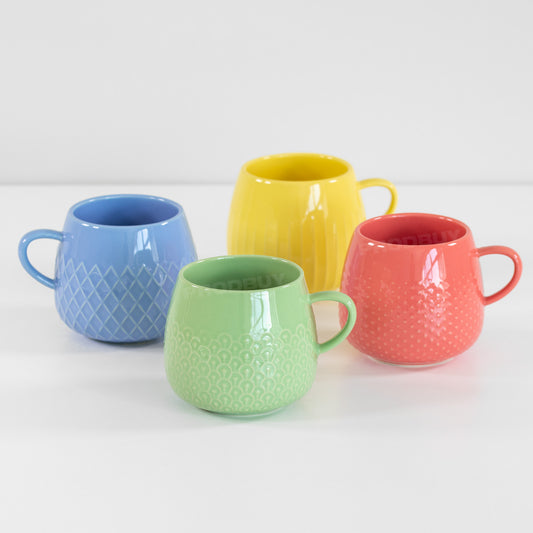 Set of 4 Colourful Embossed Lattice Coffee Mugs