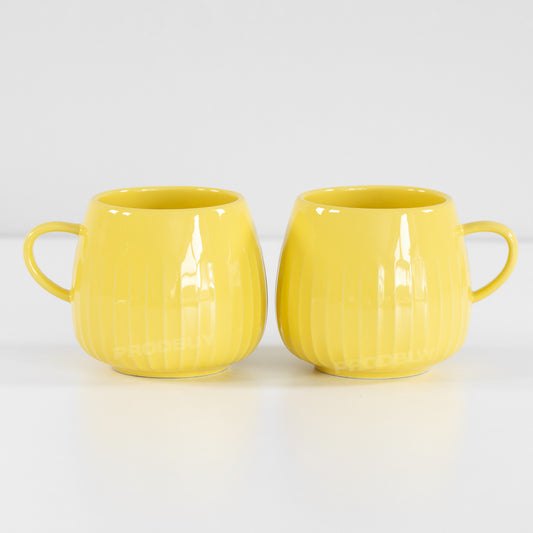 Set of 2 x 325ml Yellow Embossed Lines Pattern Stoneware Mugs