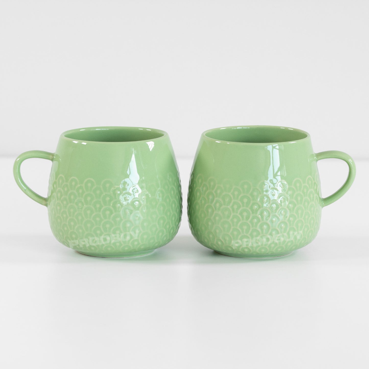 Set of 2 Green Embossed Glazed Coffee Mugs