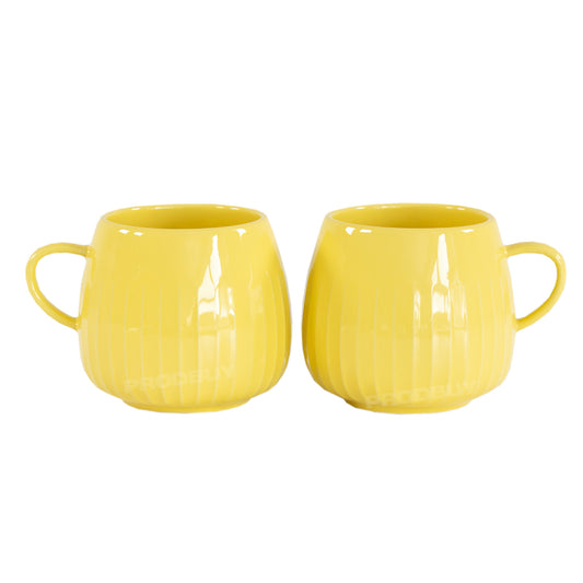 Set of 2 x 325ml Yellow Embossed Lines Pattern Stoneware Mugs