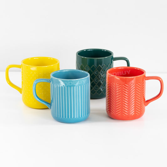 Set of 4 Large Embossed Pattern Coffee Mugs