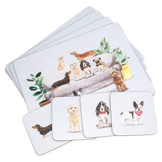 Set of 'Curious Dogs' 4 Placemats & 4 Coasters