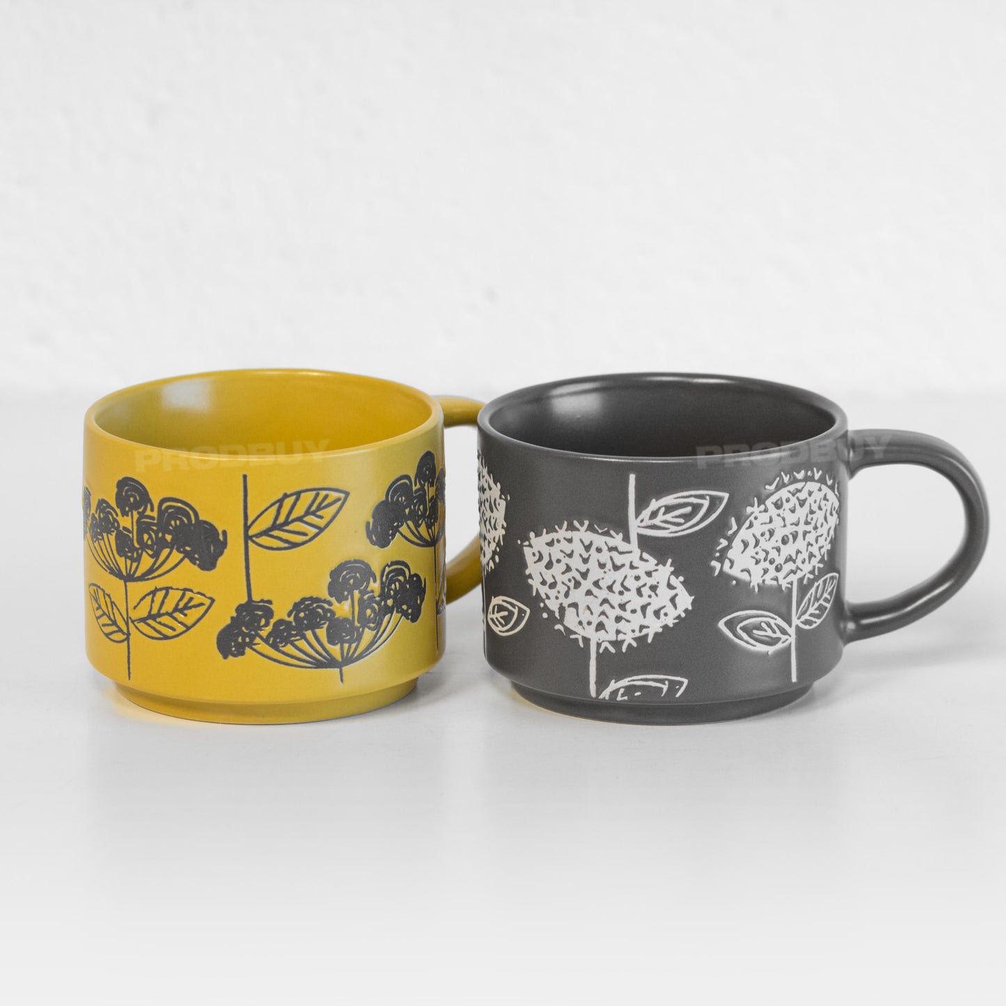 Set of 2 Floral Leaf Stackable Stoneware Mugs