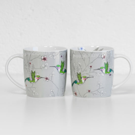 Set of 2 Grey Floral Hummingbird Coffee Mugs