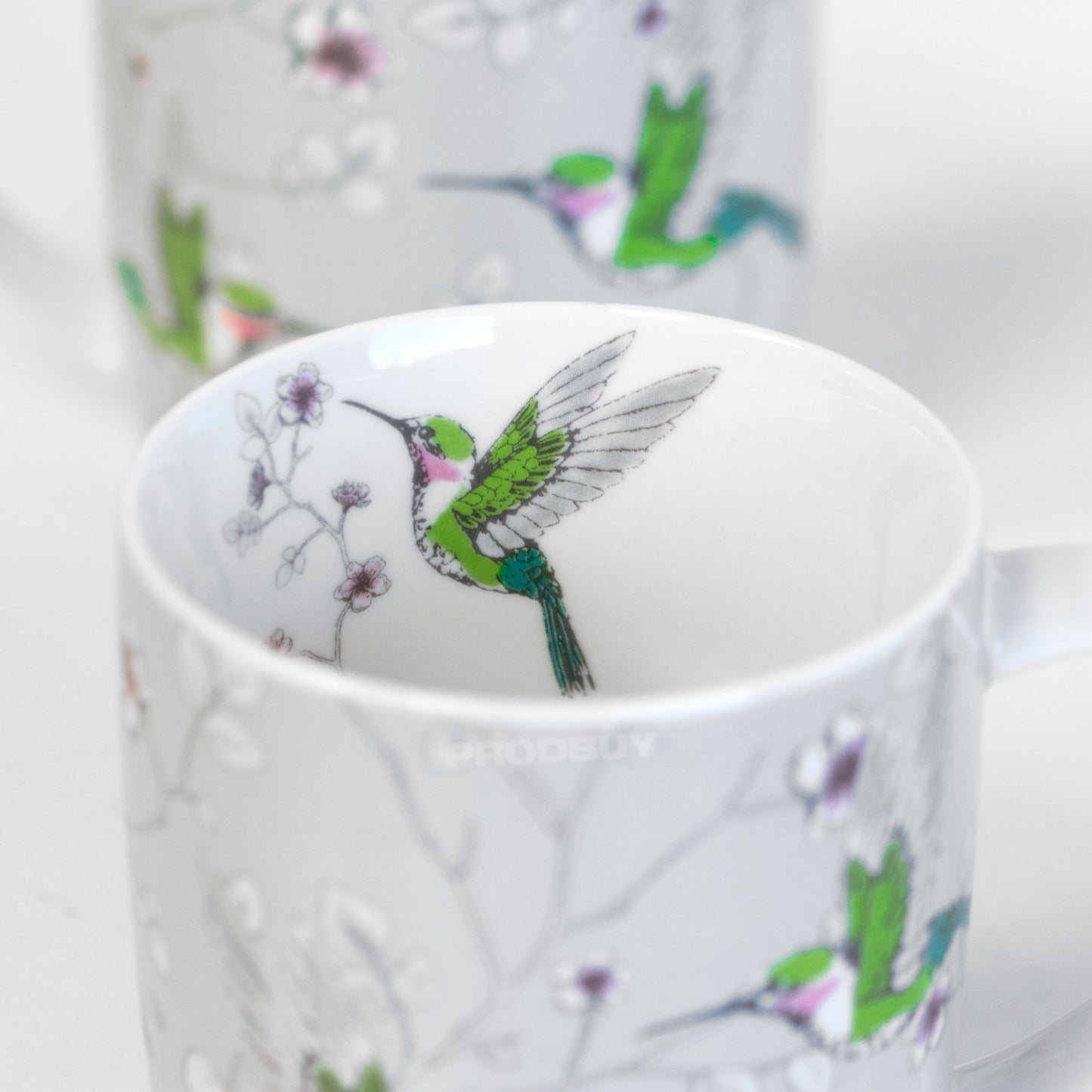 Set of 2 Grey Floral Hummingbird Coffee Mugs