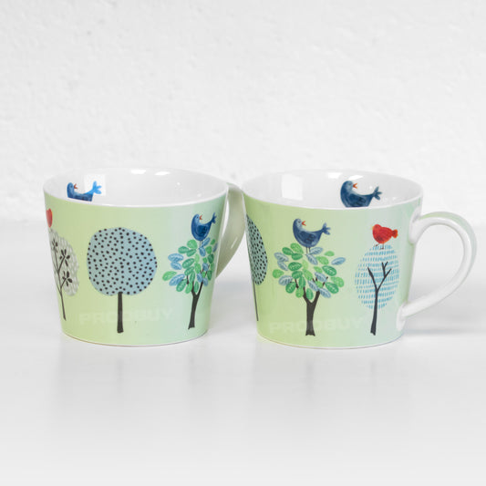 Set of 2 Green Floral Bird Coffee Mugs