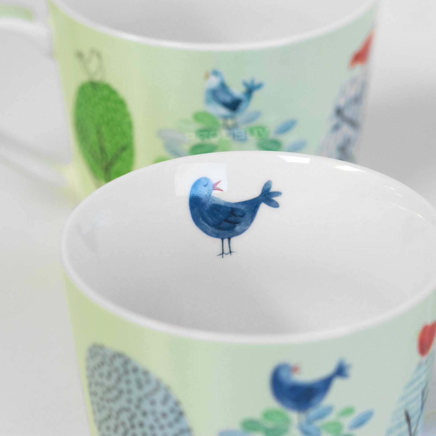 Set of 2 Green Floral Bird Coffee Mugs
