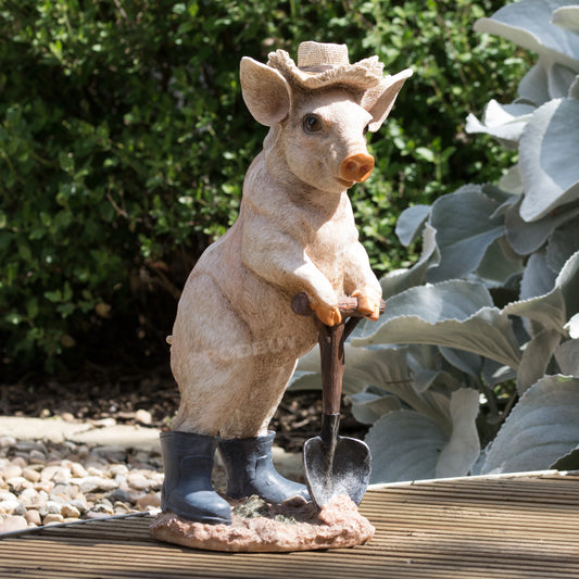 Pig In Boots with Shovel & Hat 39cm Resin Garden Ornament
