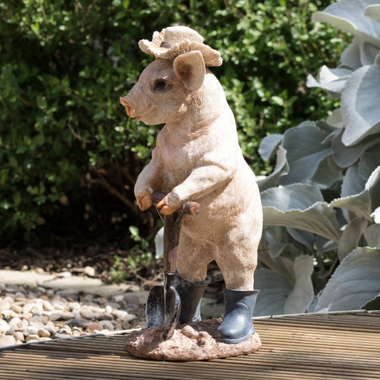 Pig In Boots with Shovel & Hat 39cm Resin Garden Ornament