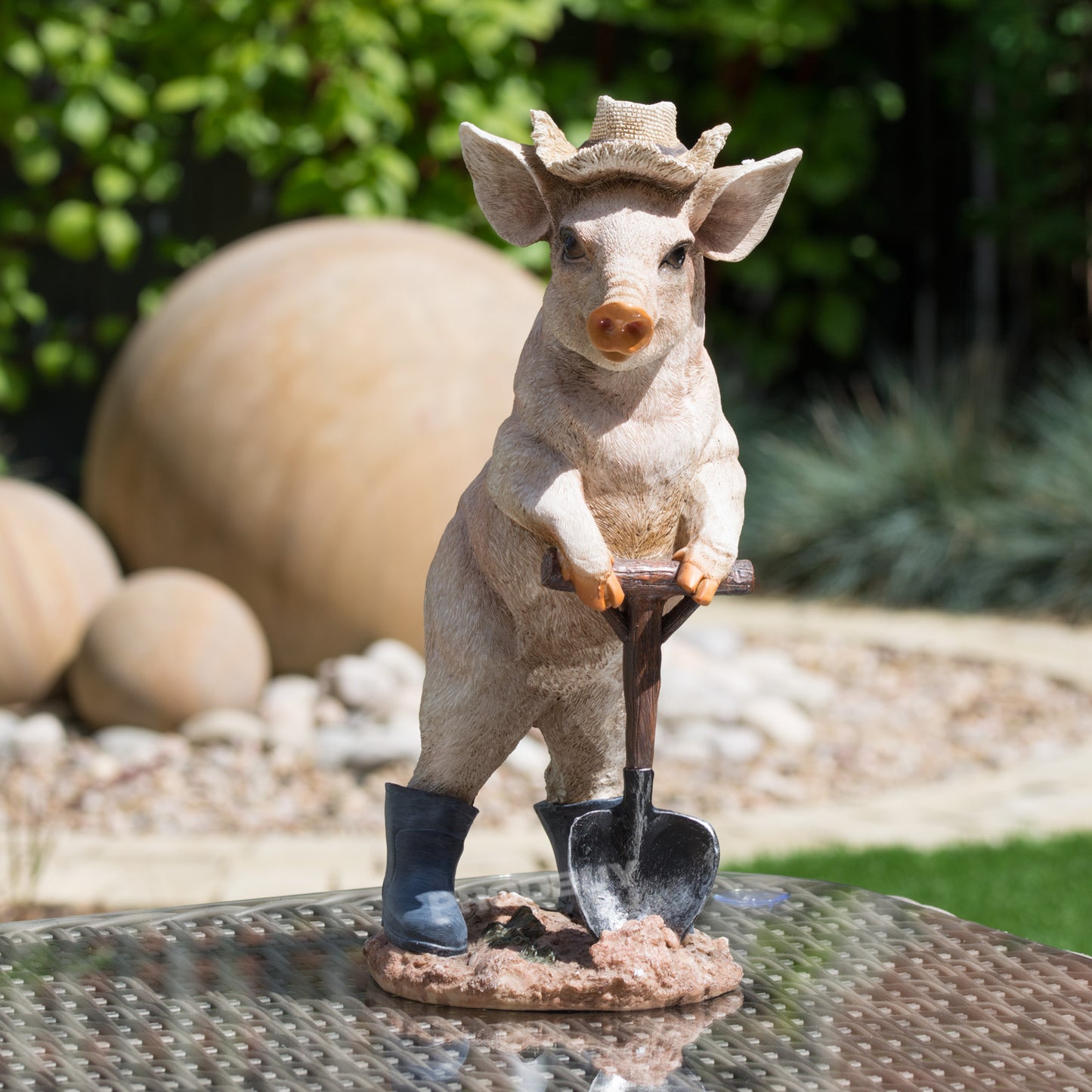 Pig In Boots with Shovel & Hat 39cm Resin Garden Ornament