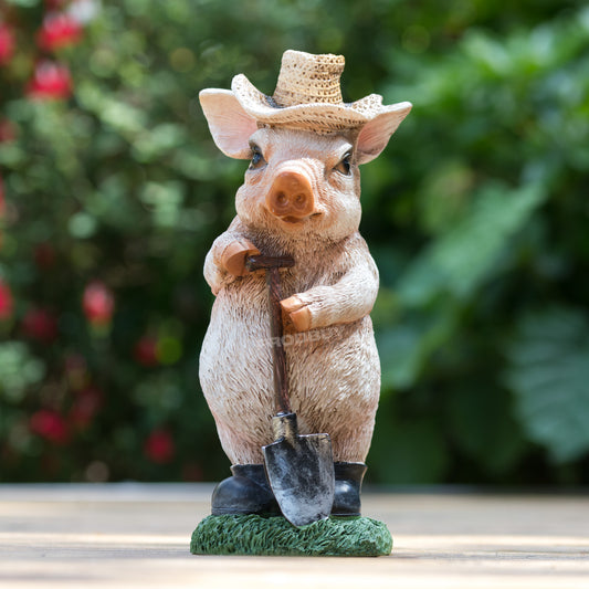 Pig with Shovel 20cm Resin Garden Ornament